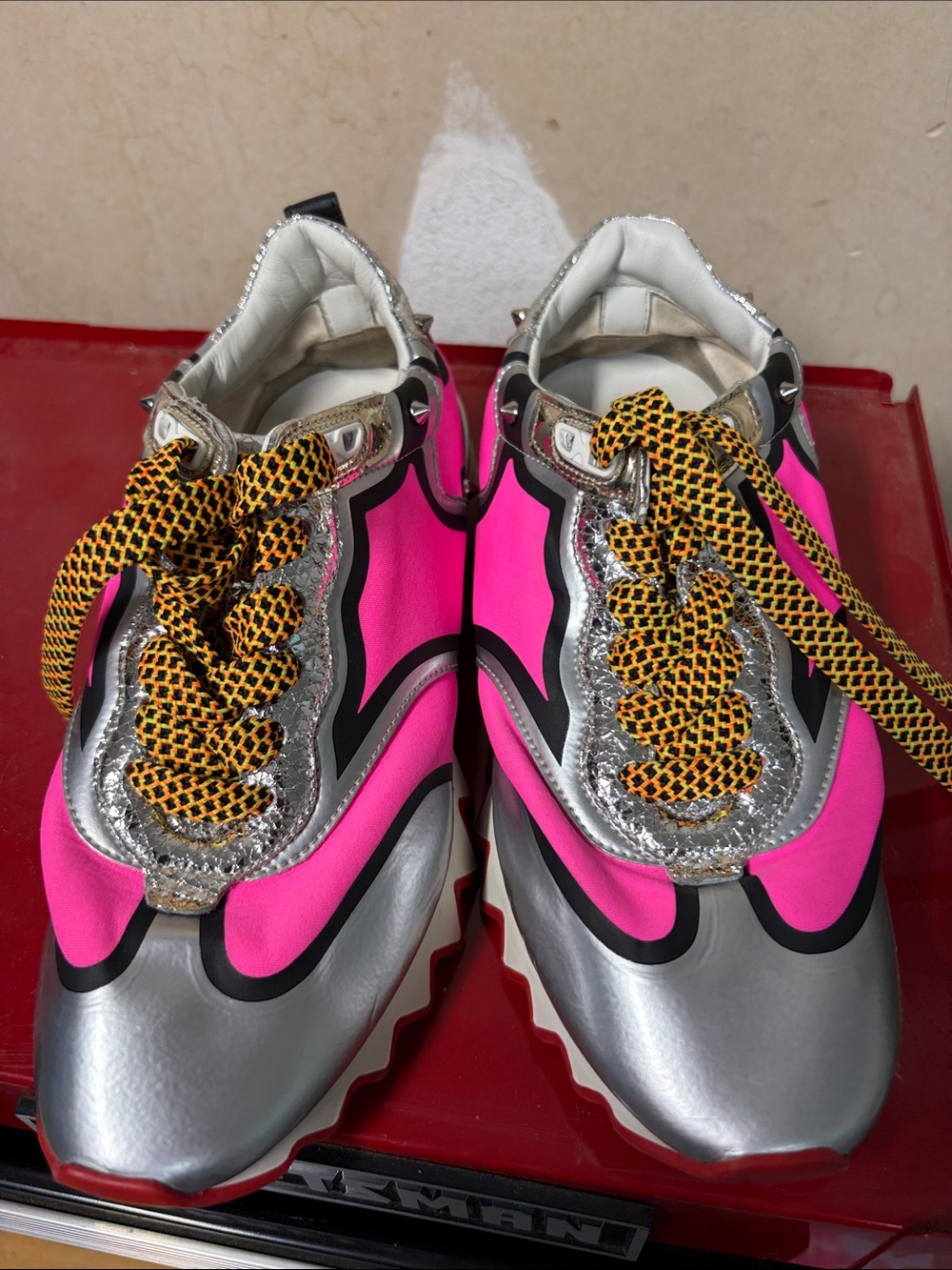 Christian Louboutin Pink, Silver & Yellow Lace Women's Sneakers
